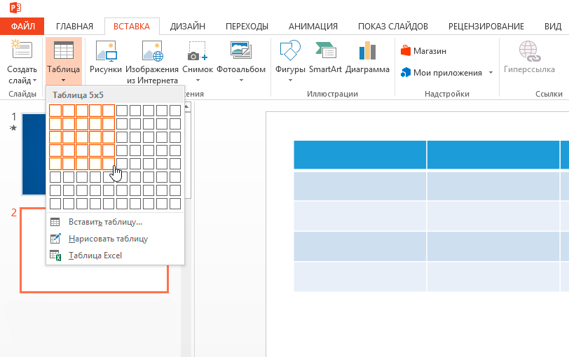 Для создания таблицы на слайде презентации powerpoint используется вкладка